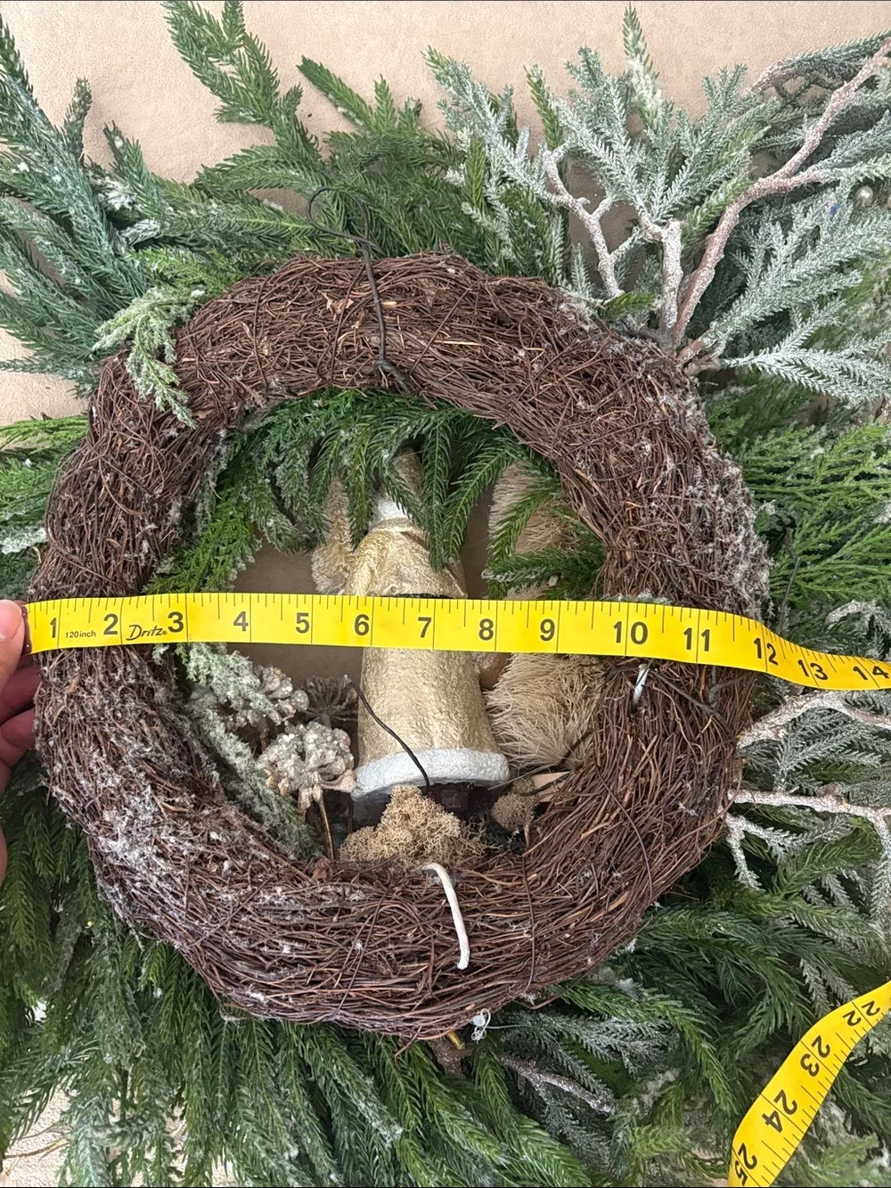 Holiday Pine and Ivory Ribbon Wreath with Gold Santa